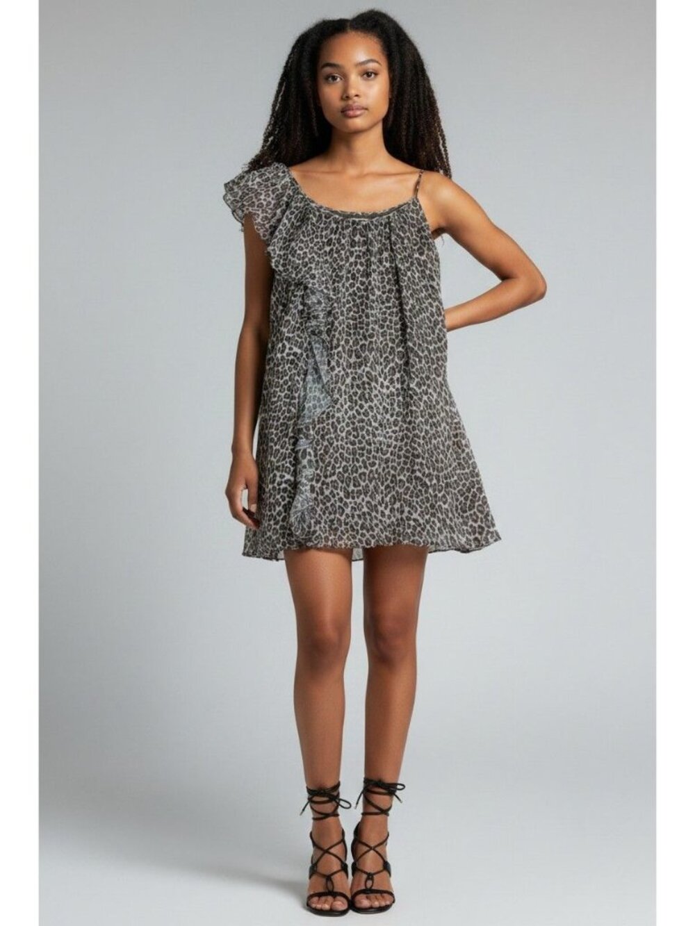 Naked Zebra Sheer Chiffon Leopard Print Dress Ruffle Detail Lined Spaghetti Stra